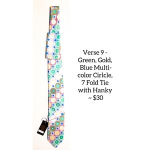 Verse 9 - Green, Gold, Blue Multi-color Cirlcle, 7 Fold Tie with Hanky